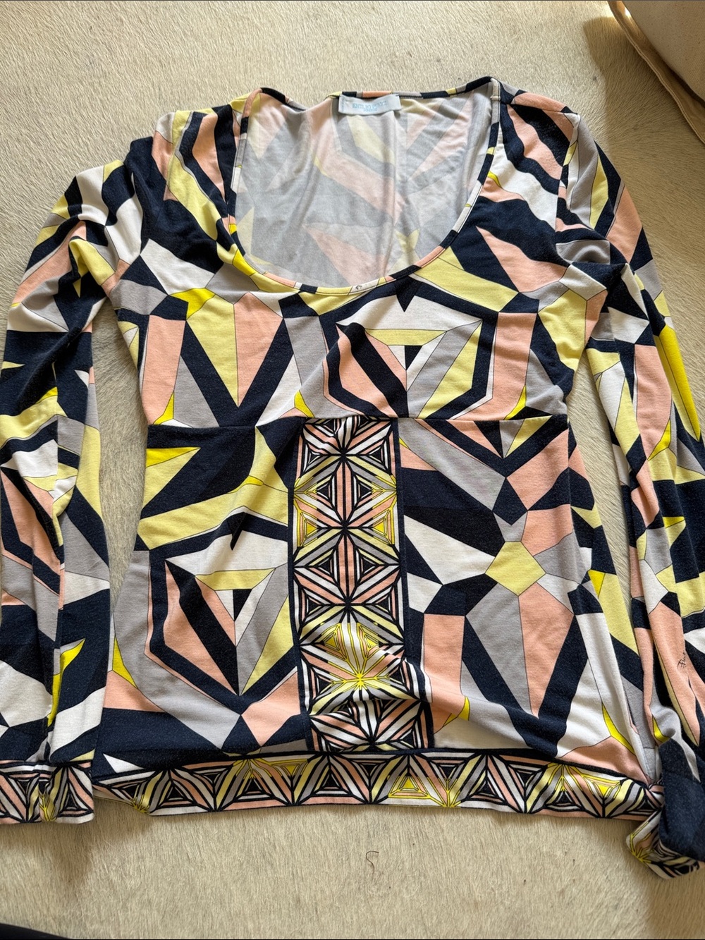 Emilio Pucci Geometric Scoop Neck Long Sleeve Top - Navy, Pink, Yellow, Cream